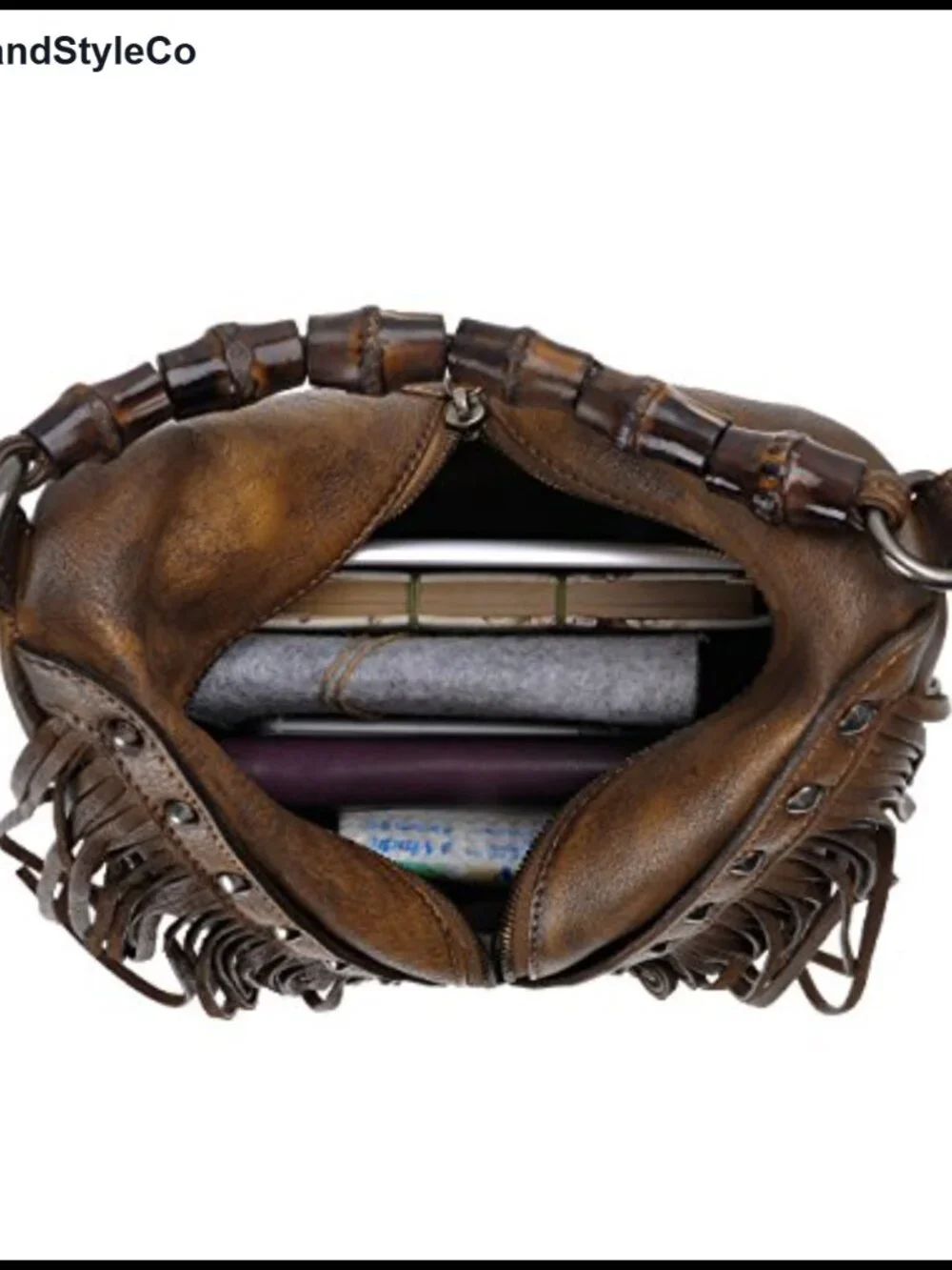 Women's Leather Fringe Crossbody Bag Boho Bamboo Handle Studded Handbag